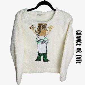 CHANCE OR FATE Christmas Reindeer Fuzzy Cream Sequined Sweater Women’s Size L